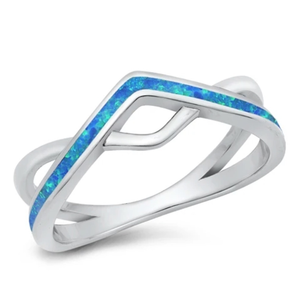 Sterling Silver Ring – Blue Lab Opal Crossover Design (Size 8)